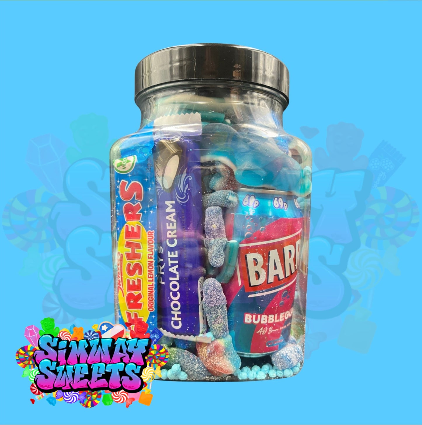 Blue Candy Filled Jar With Soda Can & Sweets