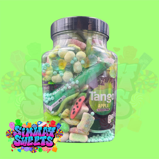 Green Candy Filled Jar With Soda Can & Sweets