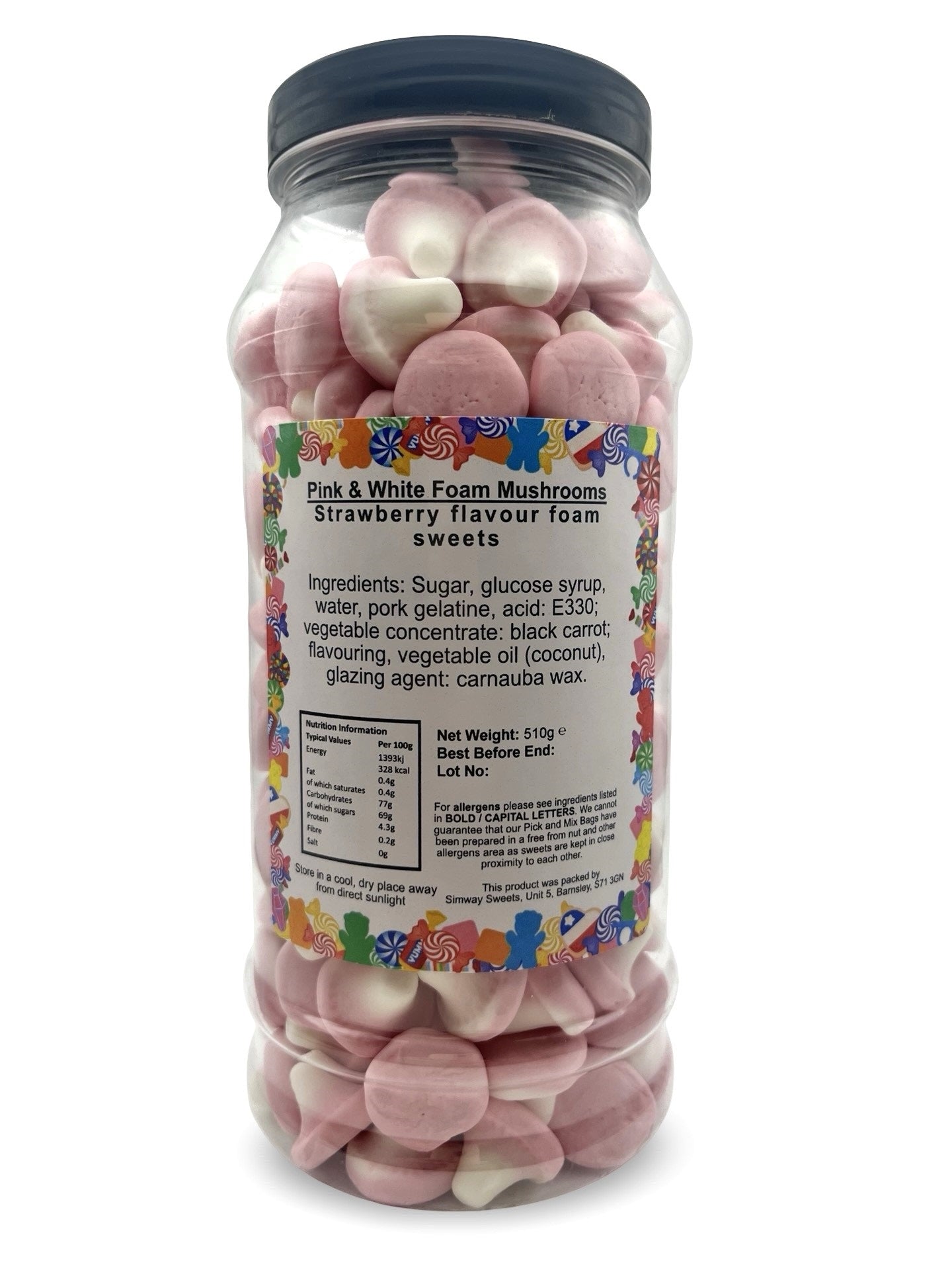 Pink & White Foam Mushrooms Retro Sweets Gift Jar - 510g