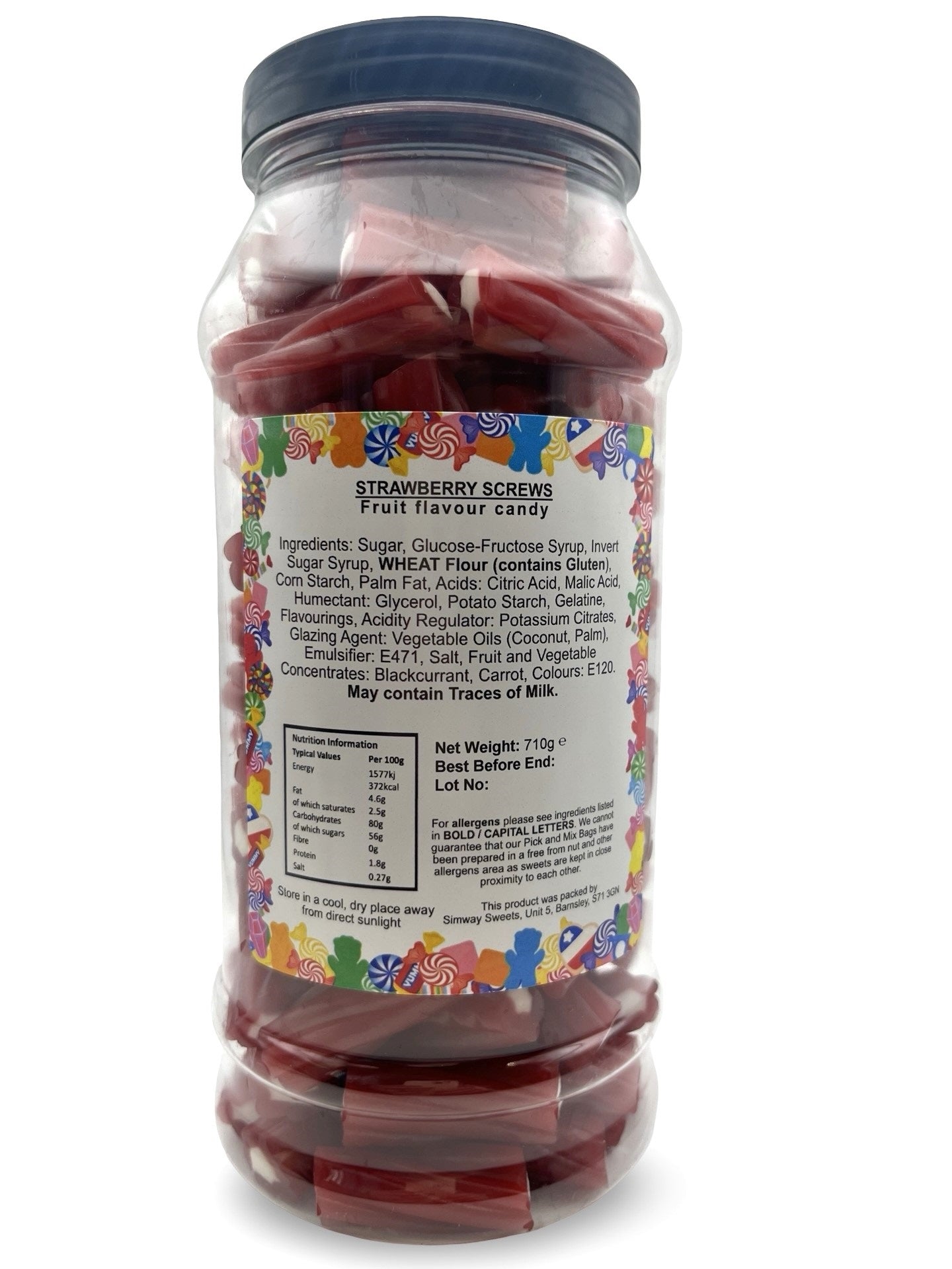 Strawberry Screws Cable Twists Mini Pencil Bites Retro Sweets Gift Jar - 710g